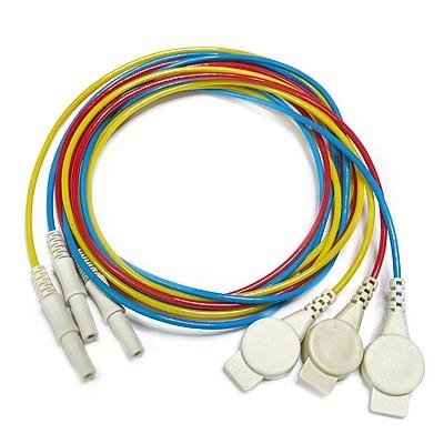 3er-Set Elektrodenkabel, 100 cm - rot, gelb und blau - mit Druckknopf-Adapter