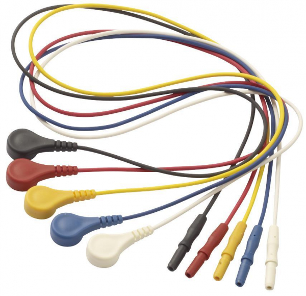 5er-Set Elektrodenkabel, 100 cm - blau, schwarz, rot, weiß, gelb - mit Druckknopf-Adapter