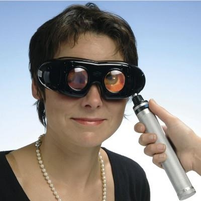 Nystagmusbrille nach Prof. Frenzel, Typ 703 mit festen Gläsern und regelbarem Batteriegriff